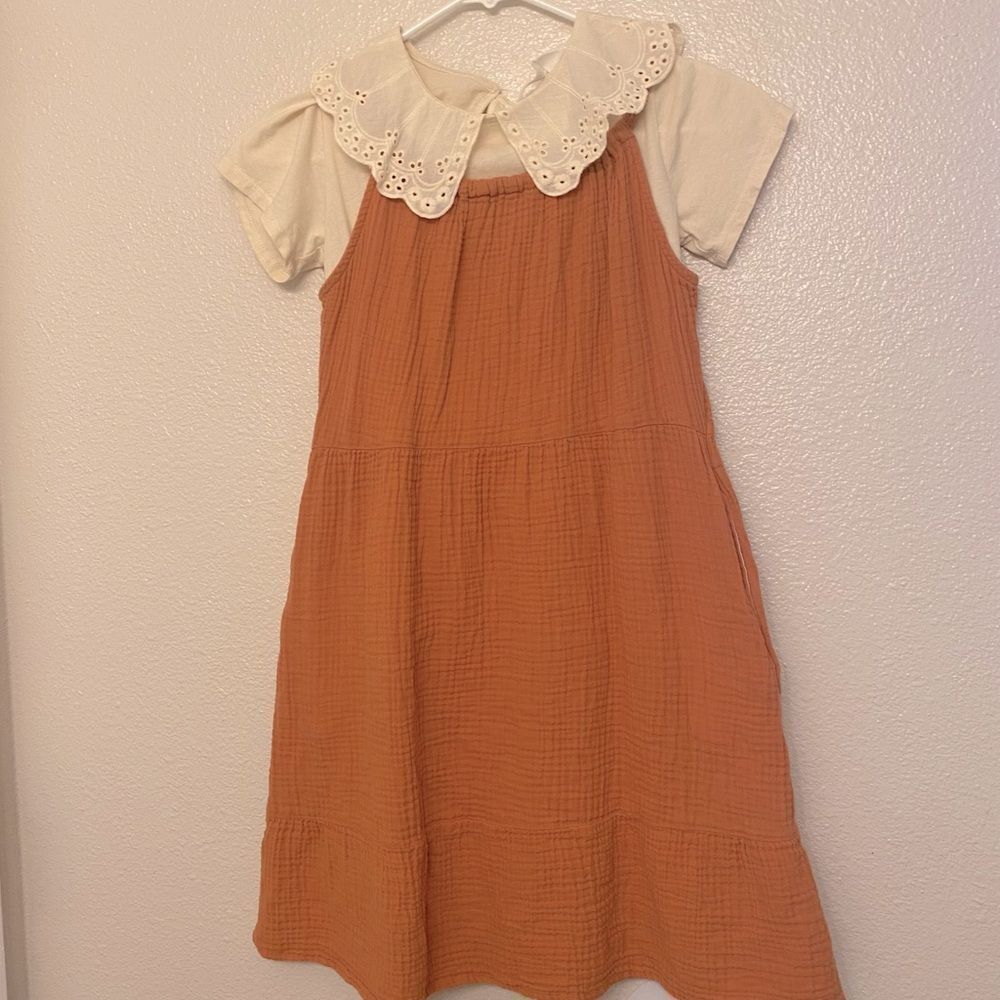 Cat & Jack long maxi tiered orange cotton gauze dress lace top outfit 10-12